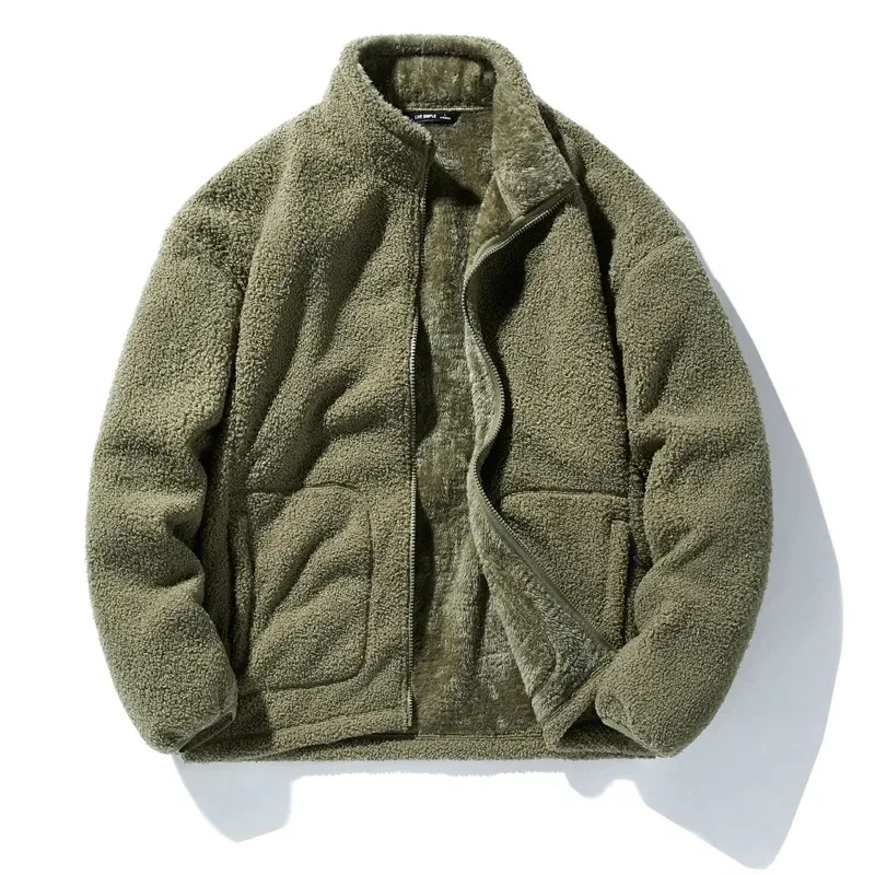 Winter Fleece Jackets Men Solid Color Loose Casual Warm Coat Mens Stand Collar Outerwear Jacket Harajuku Streetwear Plus Size