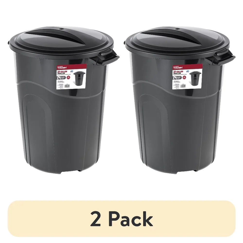 

2 Pack 32 Gallon Trash Can Heavy Duty with Click Lock Lid Injection Molded Plastic Garbage Bin Home Garage Outdoor