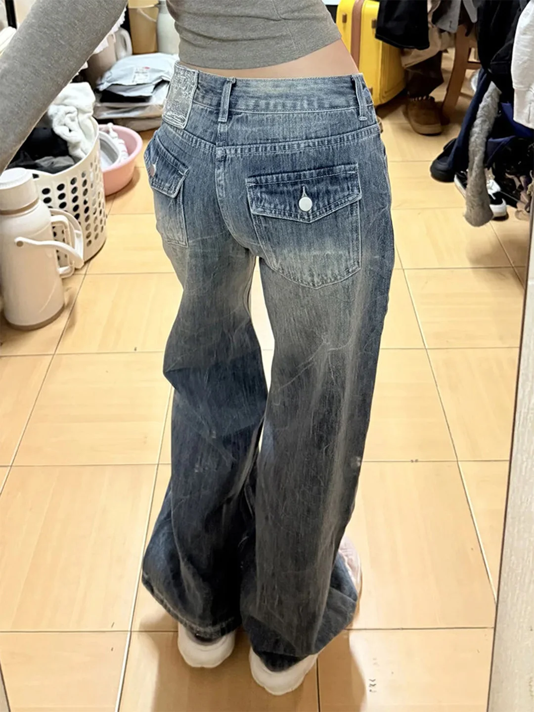 Slimming Effect Washed Crack Denim Jeans High Waist Wide Leg Pants Straight Cut Vintage Style Women's Summer Fashion