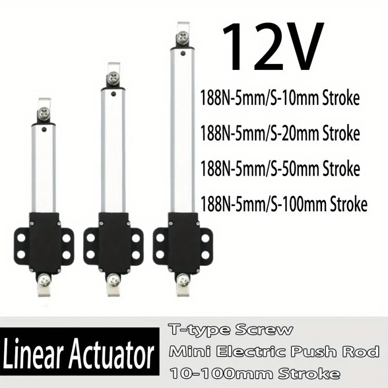 

12V Micro Linear Thrust Actuator - Mini Electric Cylinder Push Rod, DC 12V, 6.4-188N Reciprocating Motor, Aluminum Body, T-Type