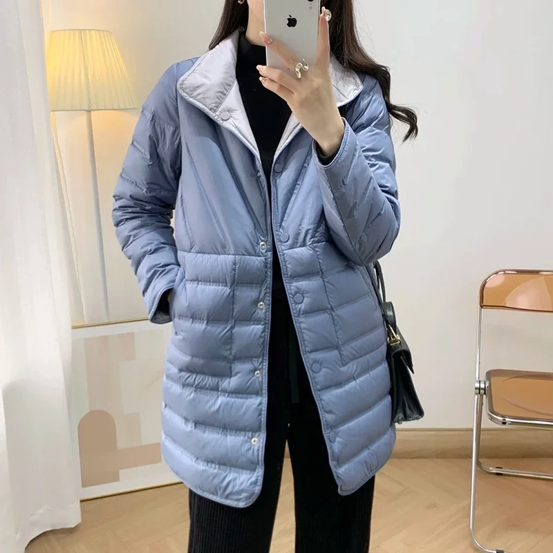 Two-Sided Warm Single Breasted Down Jacket Parkas Winter Women Light Thin White Duck Down Coat Female Midi Long Puffer Outwears