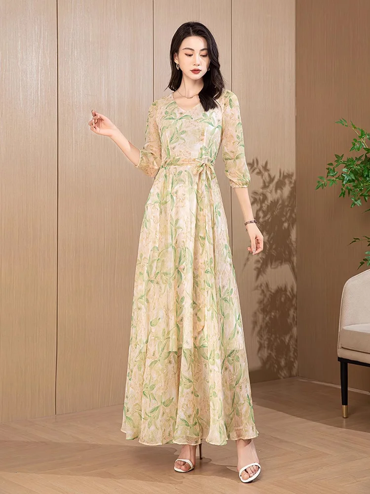 Neu Langes Kleid aus Chiffon mit Print für Damen Frühling Sommer Mode V-Ausschnitt Halbarm Schlanke Taille Fließendes Kleid Elegantes Kleid mit Feenmuster