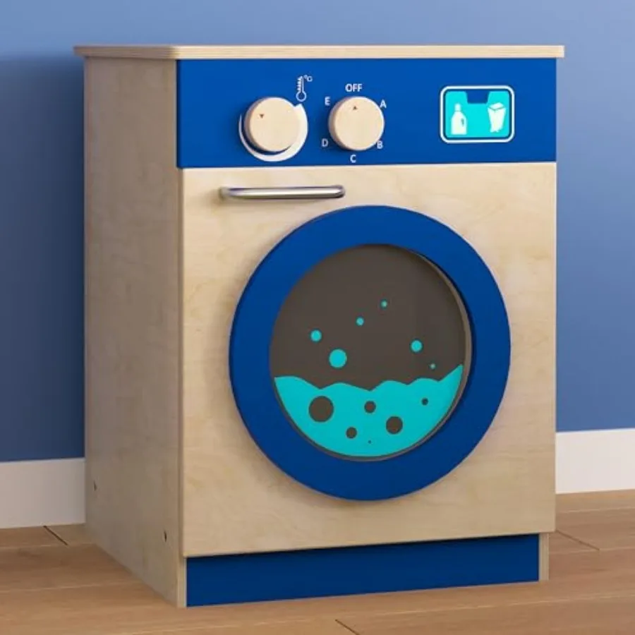 

Commercial Grade Wooden Kid's Washing Machine with Integrated Storage and Turning Knobs for Educational Playrooms and Indoor Pl