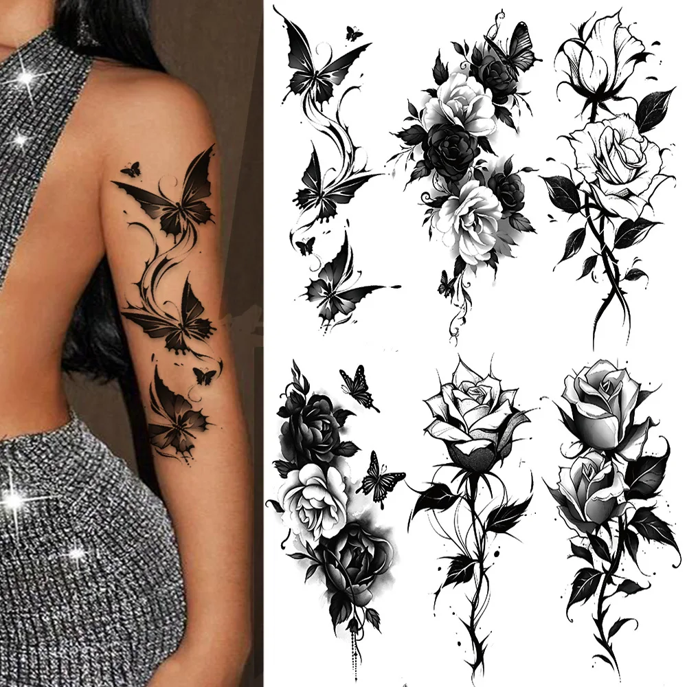 

black flower Butterfly tattoo stickers,Temporary Tattoos for woman,Waterproof Long-Lasting,Fake Tattoo