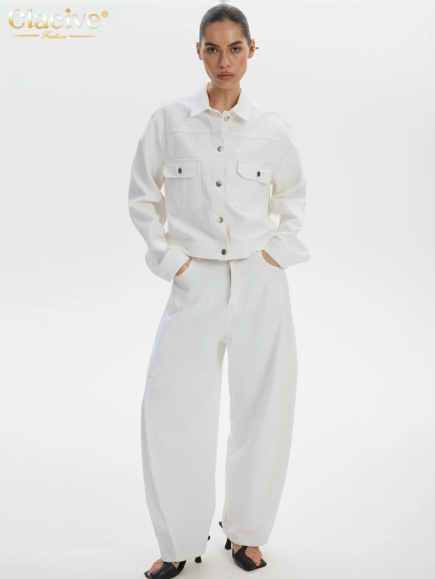 

Clacive Fashion Loose White Cotton Trousers Set 2 Piece Woman Elegant Long Sleeve Shirt With High Waist Wide Pants Set Female
