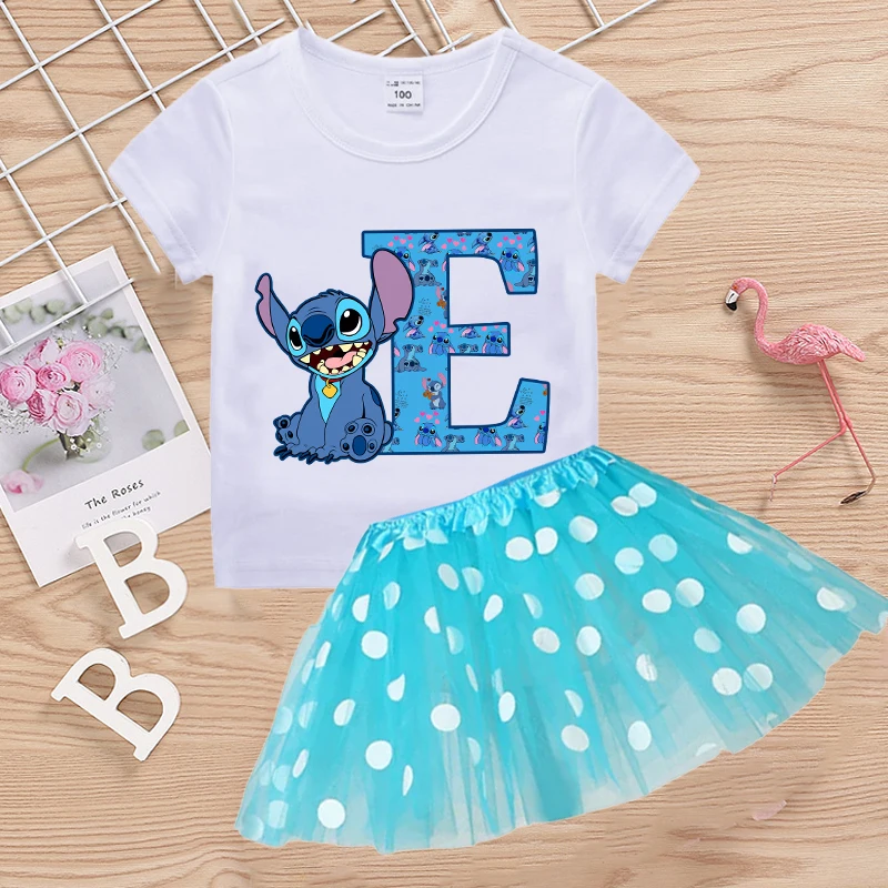 Conjunto de falda y camiseta de punto de Disney para niñas, camisetas de A-Z con letras de Anime, faldas de hilo, ropa de verano para niños, regalo de manga corta, gran oferta