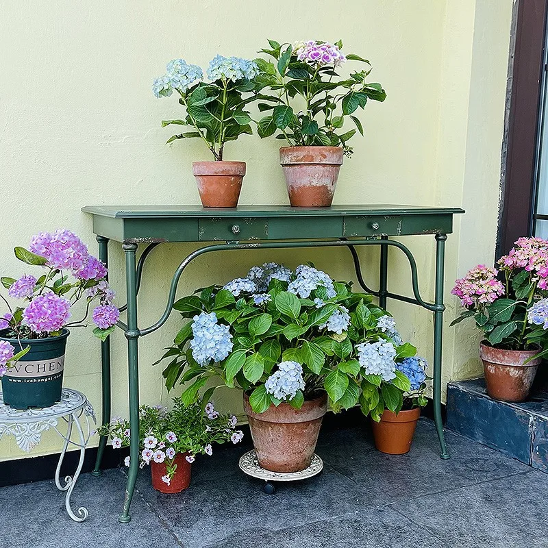 American country retro wrought iron long table, garden balcony terrace courtyard flower stand operation table storage