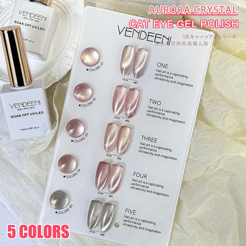 Vendeeni 5 Farben Pfirsichrosa Kristall-Katzenaugen-Gel-Nagellack-Set Magnetischer UV-LED-Gel-Lack Glasperlen-Katzenaugen-Gel mit Display – Detail 10