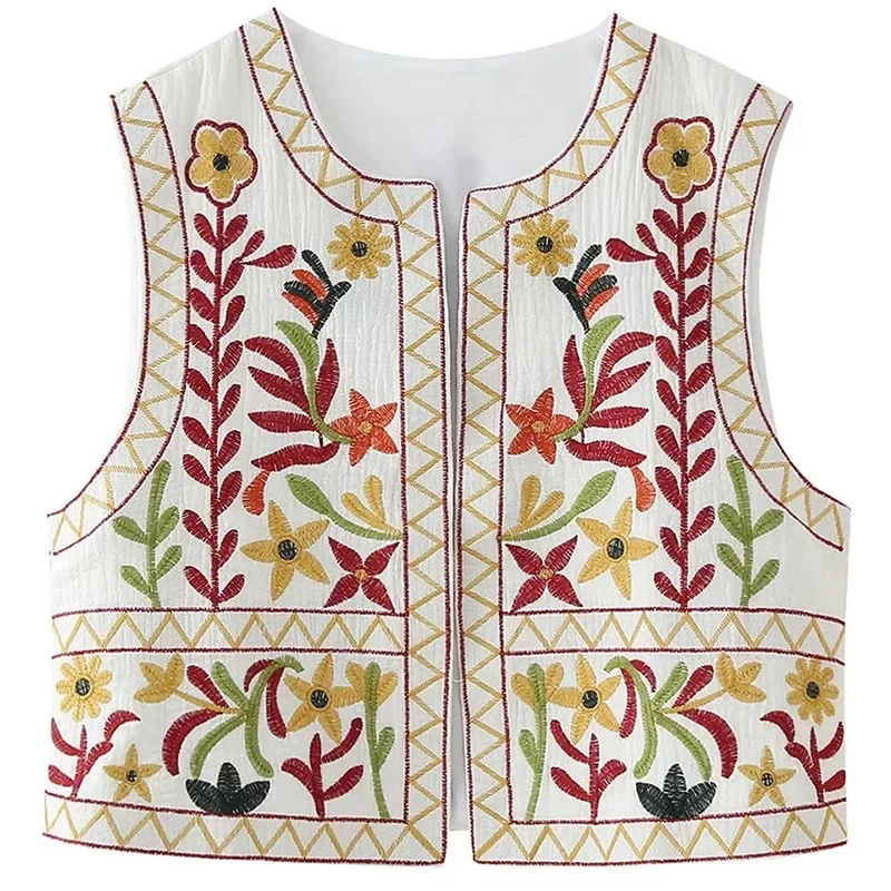 TRAF Women's Vest Spring 2024 Cropped Embroidered Waistcoat O-Neck Sleeveless Cardigan New In Coat Elegant Fashion Female Vest