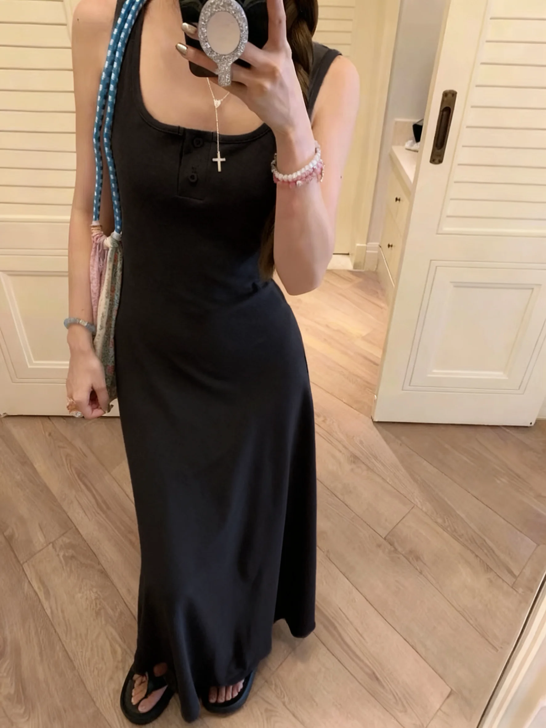 Printemps été femmes grande taille a-ligne longue Dr col carré débardeur jupe couche de Base Dr Slim Fit polyvalent Modal Fa...