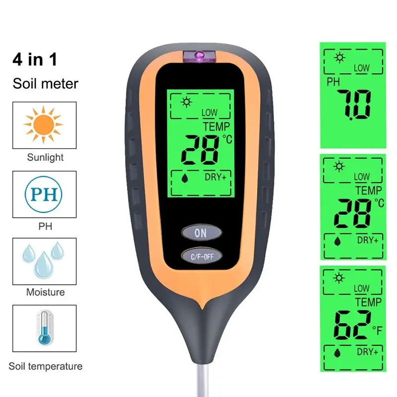 4-in-1 Soil Moisture Tester with Sunlight and PH Meter, Soil Temperature, Soil Moisture Thermometer for Plant Garden Care