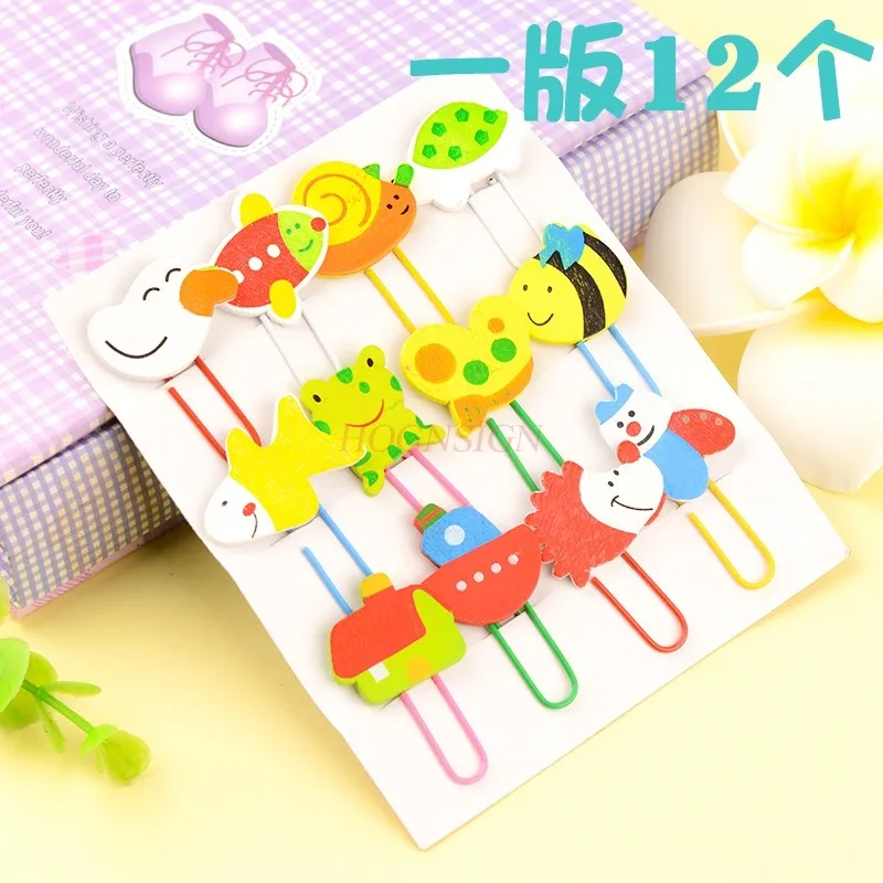 12pcs wooden paper clips, cartoon clips, curved needles, stationery gifts, creative gifts for children