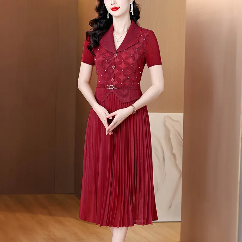 Rimpel lange jurk 2023 zomer nieuwe pak kraag zware bloem losse elegante socialite stijl taille cinched plooirok Frans