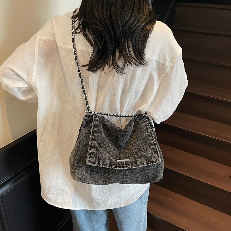 

Flap Denim Women's Bag Vintage Shoulder Cross Bag Jeans Messenger Bag Y2K Mailbag Luxury Eco Bag Korean Handbags Chains Tote Bag
