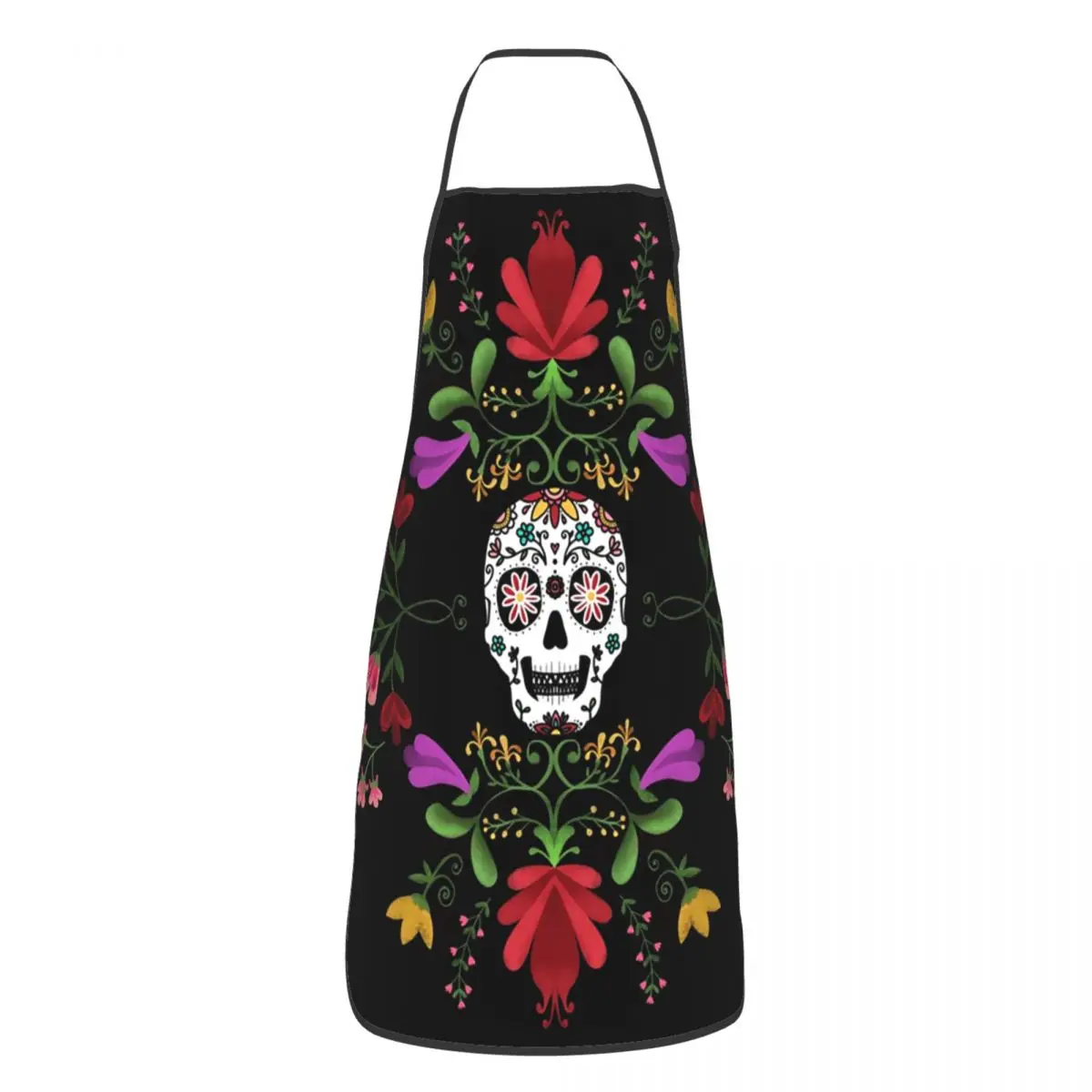 Custom Bib Sugar Skull And Flowers Apron for Men Women Adult Chef Cooking Kitchen Day Of The Dead Tablier Cuisine Painting