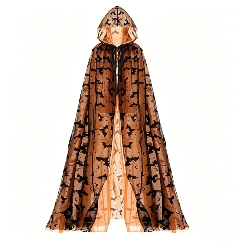 Tulle Cape Halloween Spider Bat Cloak Witch Themed Costume Sheer Dark Printed Shawl Party Cosplay Accessory