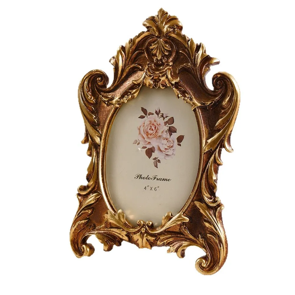 French Design Gold Resin Photo Frame Ornamental Floral Carved Holder For Tabletop And Wall Home Room Decoration