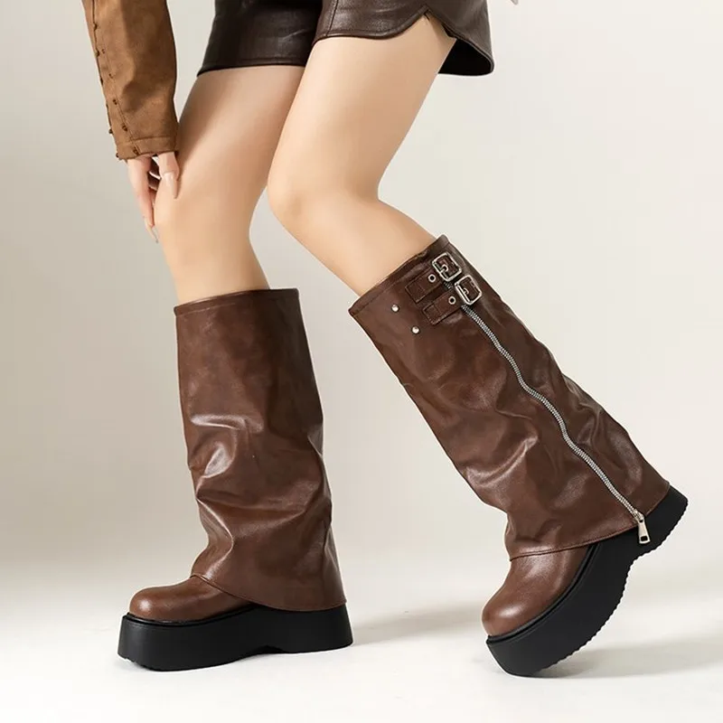 NEW Arrival Fashion Wide-Leg Knight Long Boots with Inner Elevator & Thick Sole Side Zipper Belt Buckle and Slouchy Design Boot