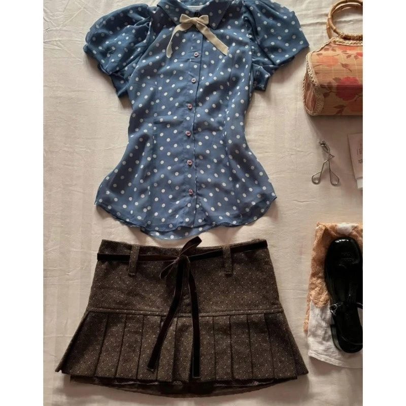 Y2k 2 pièces ensemble à pois t-shirt mince nœud doux à manches courtes Harajuku Goth Punk corée taille haute Mini jupe 2000s été Vintage