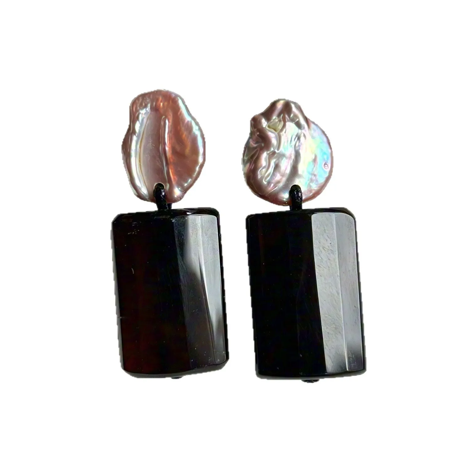 Vintage Color‑Contrast Square Faceted Black Agate Earrings Spliced Baroque‑Style Pearl Niche Cool Fashion Drop Earrings For Wome