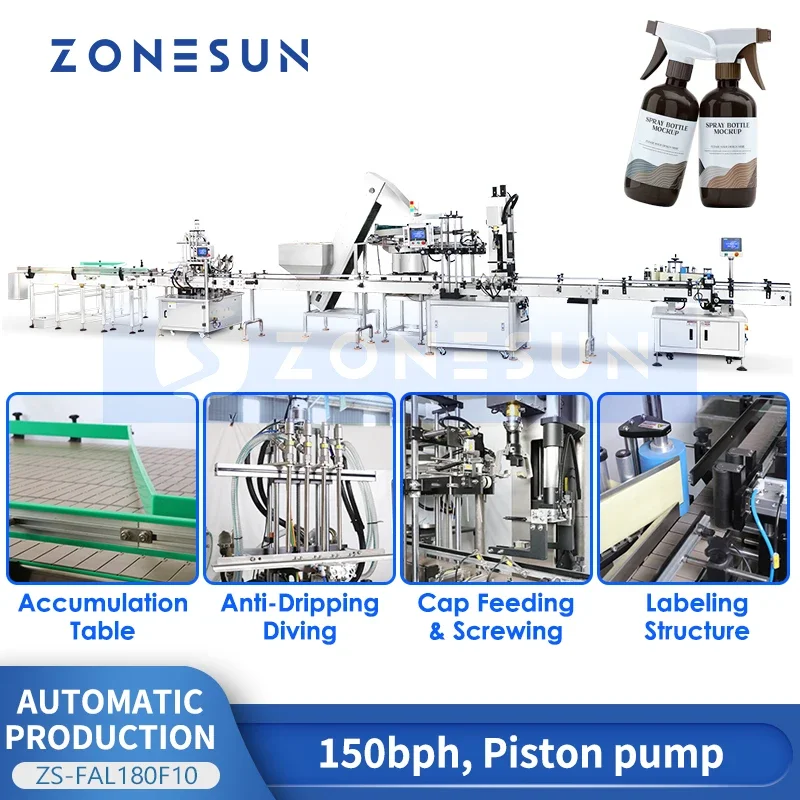 Zonesun Automatic Bottling Line Piston Filler Trigger Sprayer Capping Machine Round Bottle Label Applicator ZS-FAL180F10