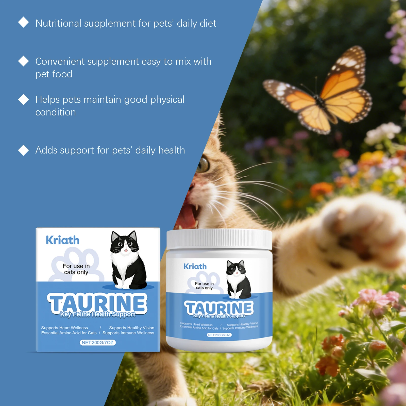 Polvo de taurina para gatos, apoya la salud del corazón, los músculos y los ojos, nutrición natural para gatitos y gatos adultos, suplemento de aminoácidos esenciales, 200g