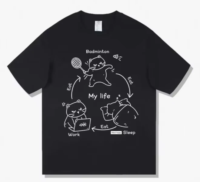 Badminton Cat Three Points and One Line] Fun Pattern Short-sleeved T-shirt Loose and Versatile Pure Cotton Summer T-shirt Men