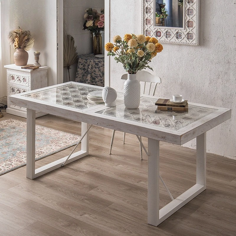 Indonesian retro painted pattern dining table tempered glass office computer table carved American simple live stream table