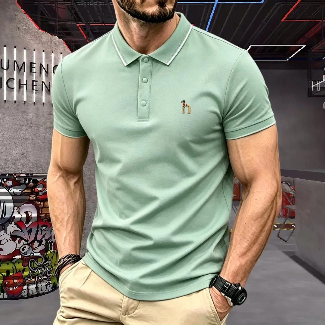 High end brand men's cotton short sleeved polo shirt summer fashion luxury striped series dog embroidery golf top casual T-shirt