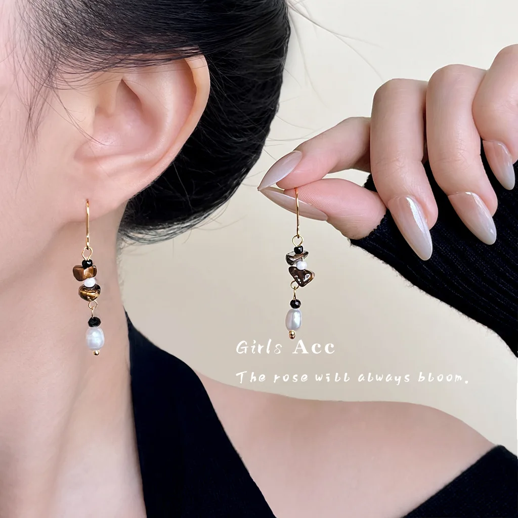 Artisan Crafted Freshwater Pearl Tiger Eye Stone Earrings Chinese Style Vintage Minimalist Long Tassel Drop Earrings for Women