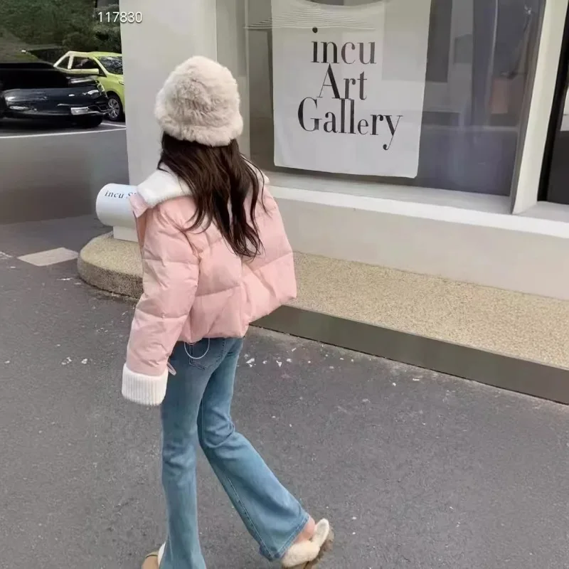 Ropa de mujer invierno nueva chaqueta de plumón abrigo Tops cortos cálido Petite cuello grande plumón de pato blanco moda Color sólido