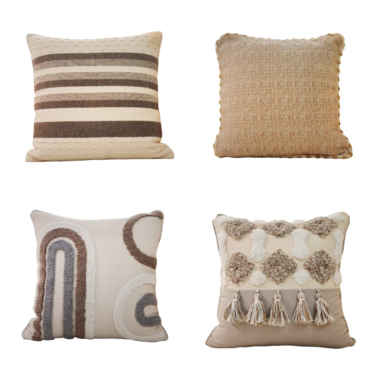 Beige-Brown Chunky Cotton-Linen Woven Tufted 3D Pillow Case Cushion Cover for Sofa