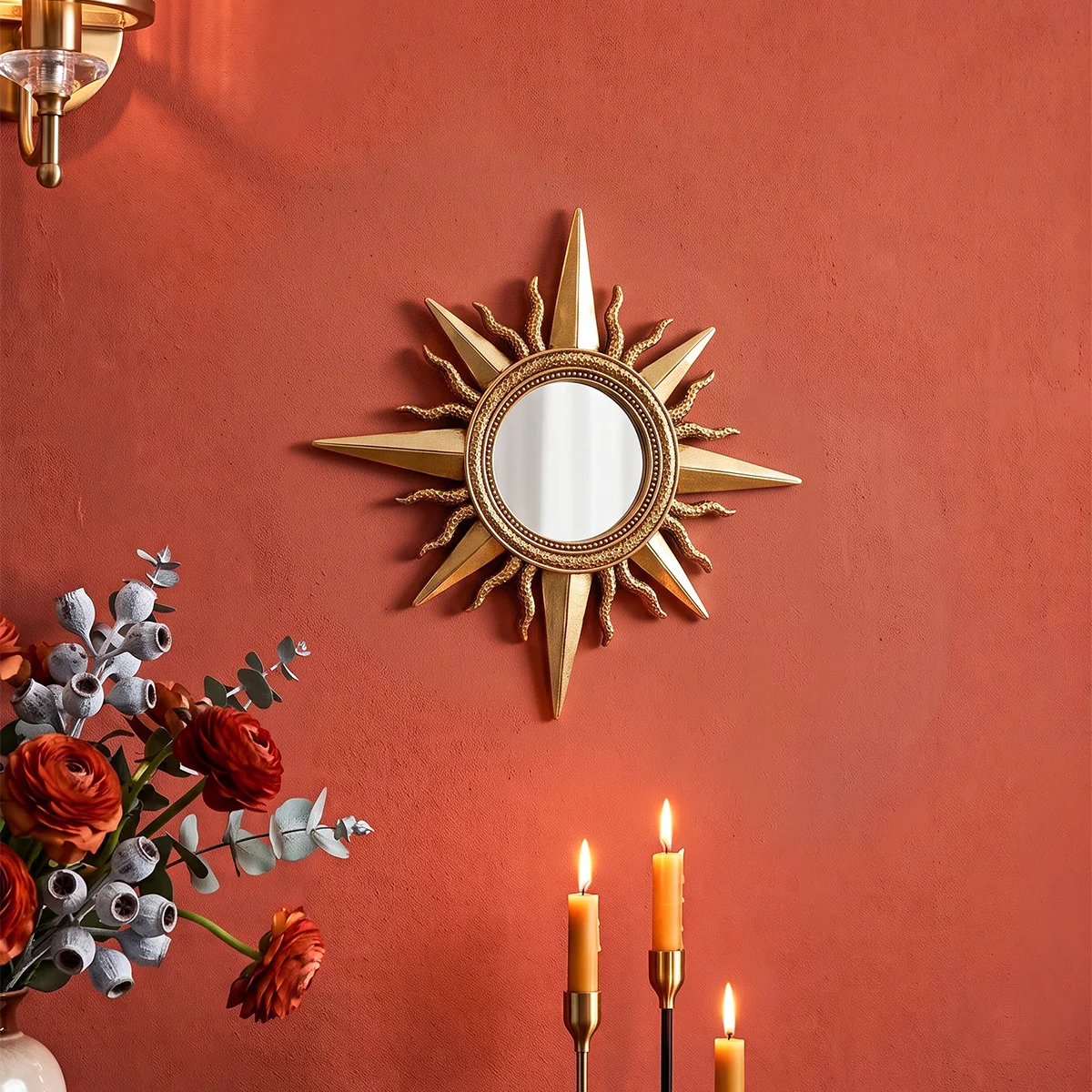 1PC, European Vintage Luxury Wall Decoration Mirror, Starburst Decorative Mirror, Round Wall Hanging Mirror