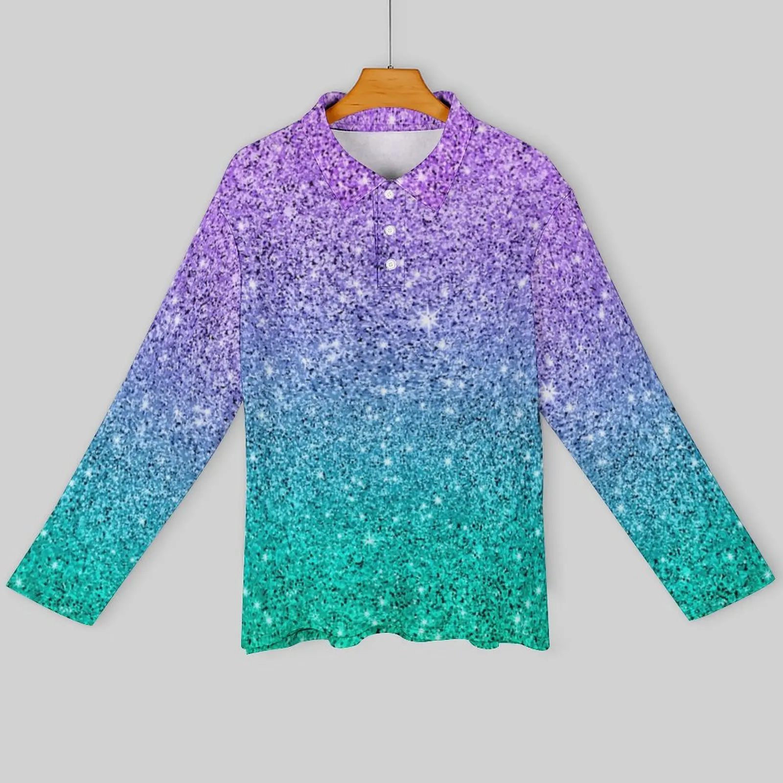 Glitter Ombre Print Polo Shirts Autumn Purple and Green Casual Shirt Long Sleeve Turn Down Collar Fashion Oversized T-Shirts