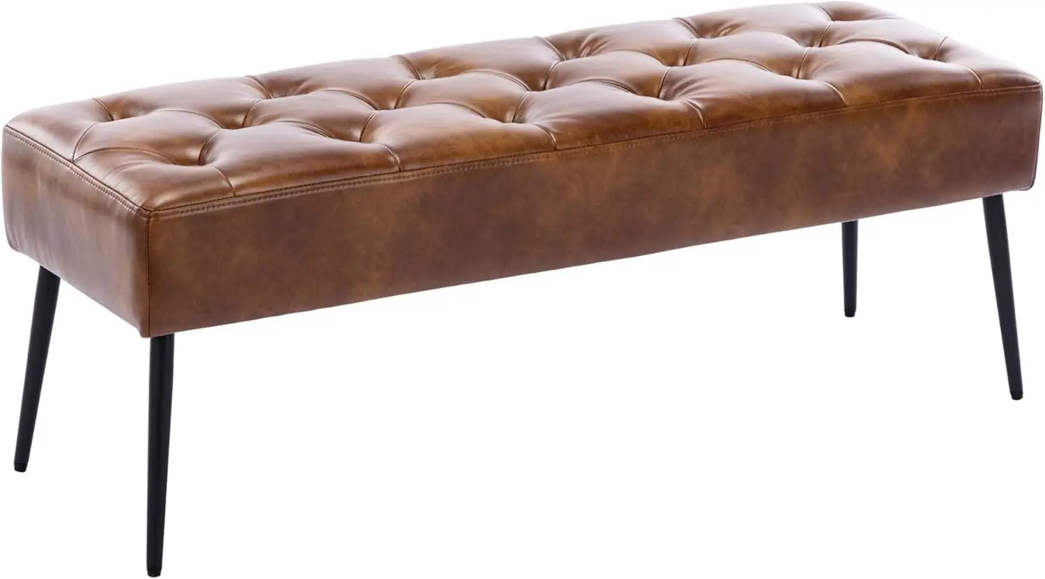 Button-Tufted Ottoman Bench, Upholstered Bedroom Benches Leather Footrest Stool Accent Bench  Living Room , Yellowish Brown