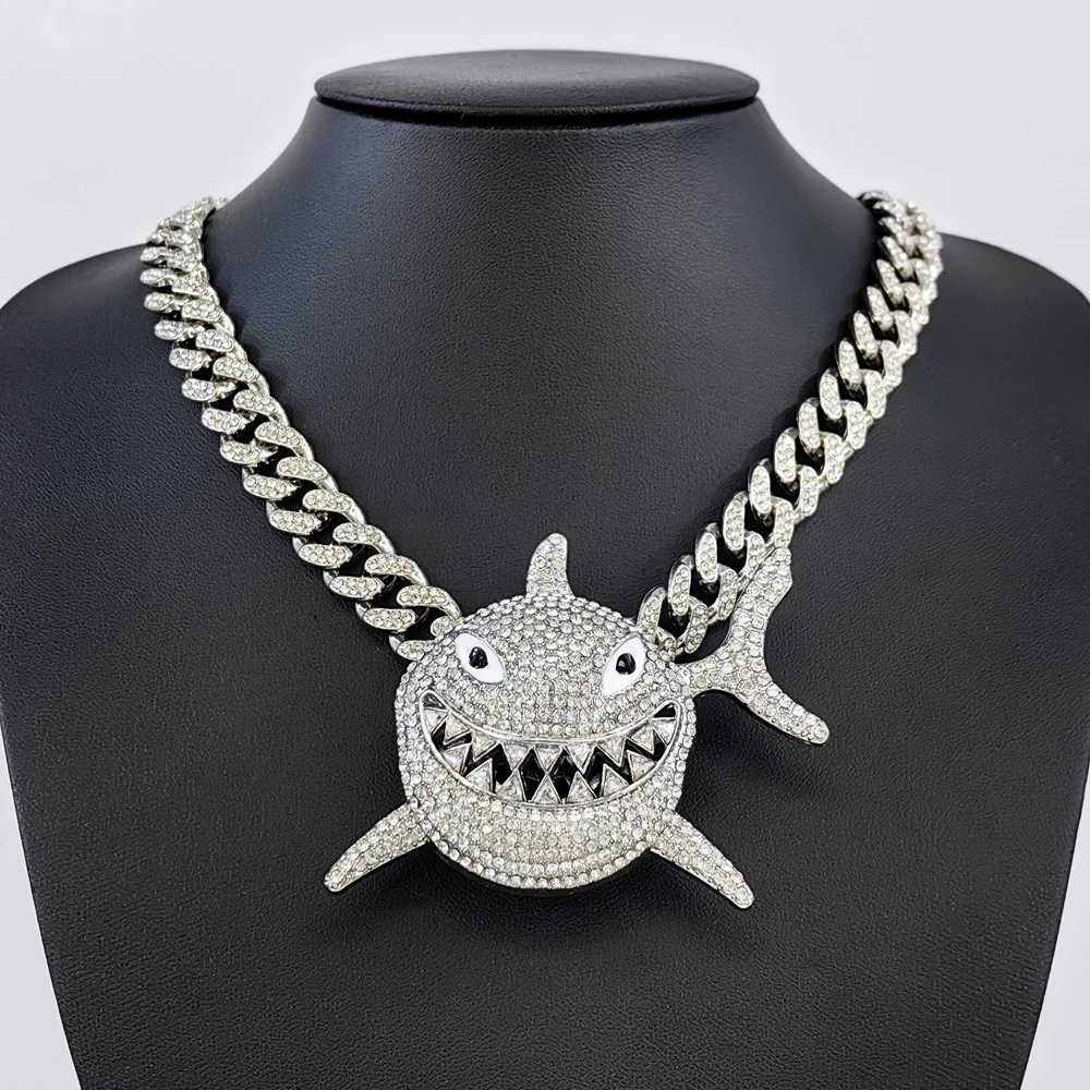 Hip Hop Iced out Full Crystal Big Shark Pendaant Necklace With13mm Cuban Chain HipHop Bling Necklaces Charm Jewelry For Man Gift