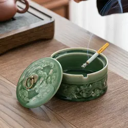 European Ceramic Ashtray with Lid Handmade Dragon Pattern Decorative Office Ashtrays Living Room Table Top Glazed Color Ash Tray