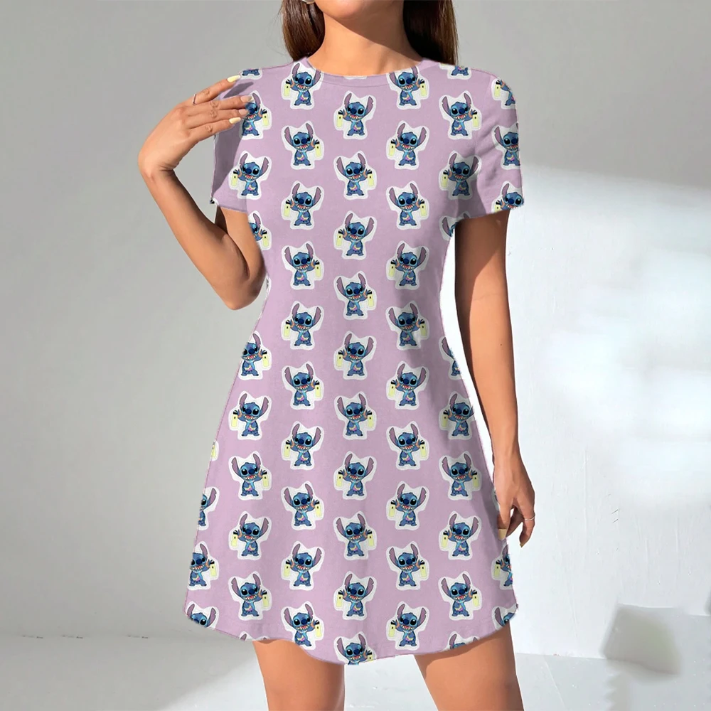 Disney Stitch Lilo พิมพ์ชุดฤดูใบไม้ผลิฤดูร้อนน่ารักเดท Ditsy การ์ตูนแขนสั้น O คอ Mini Cami ชุดลําลองสําหรับสตรี