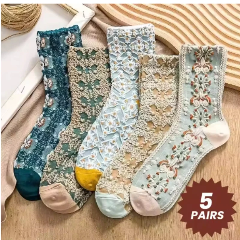 

5 пар трехмерных рельефных носков в стиле ретро. ЖЕНСКИЕ носки средней длины. Тонкие и милые летние лесные стильные и художественные.