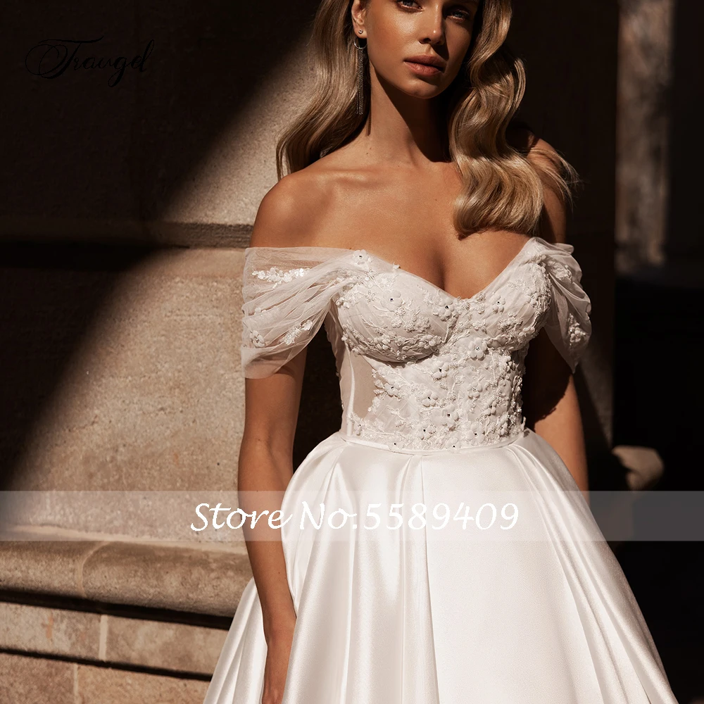 Traugel Sexy Illusion Sweetheart Flowers Satin Wedding Dresses Delicate Appliques Beaded Court Train A Line Bridal Gown