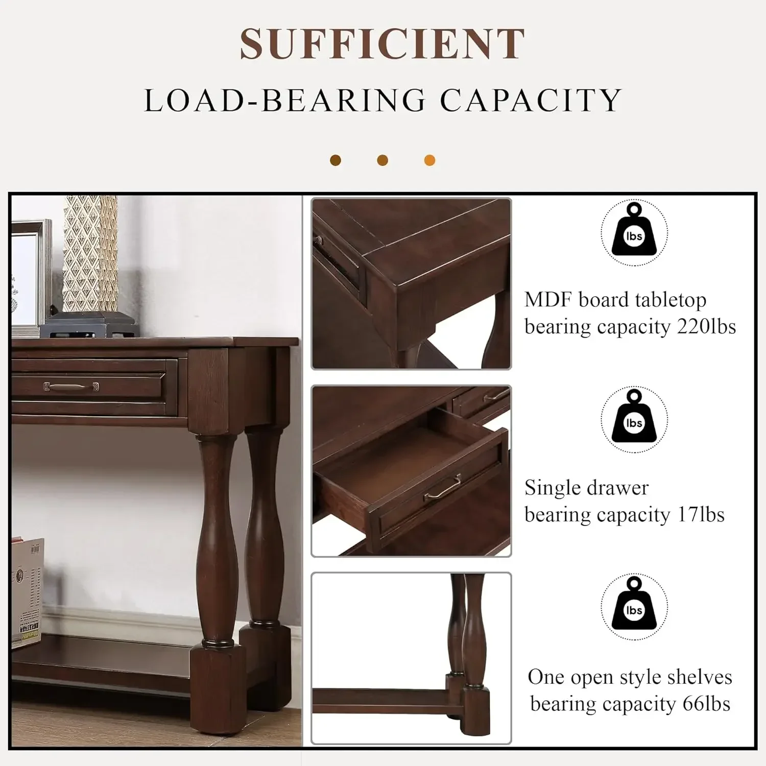 신상품 입고, 할인된 가격! ]63인치 목재 롱 콘솔 테이블(서랍 3개 및 하단 선반 1개 포함), 엔트용 매우 두꺼운 소파 테이블