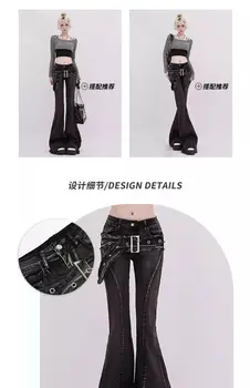 Vintage Slim Micro-flare Jeans Women Ins Fashionable Splicing Belt Edge Y2K Pants High Waist Straight American Street Trousers 6