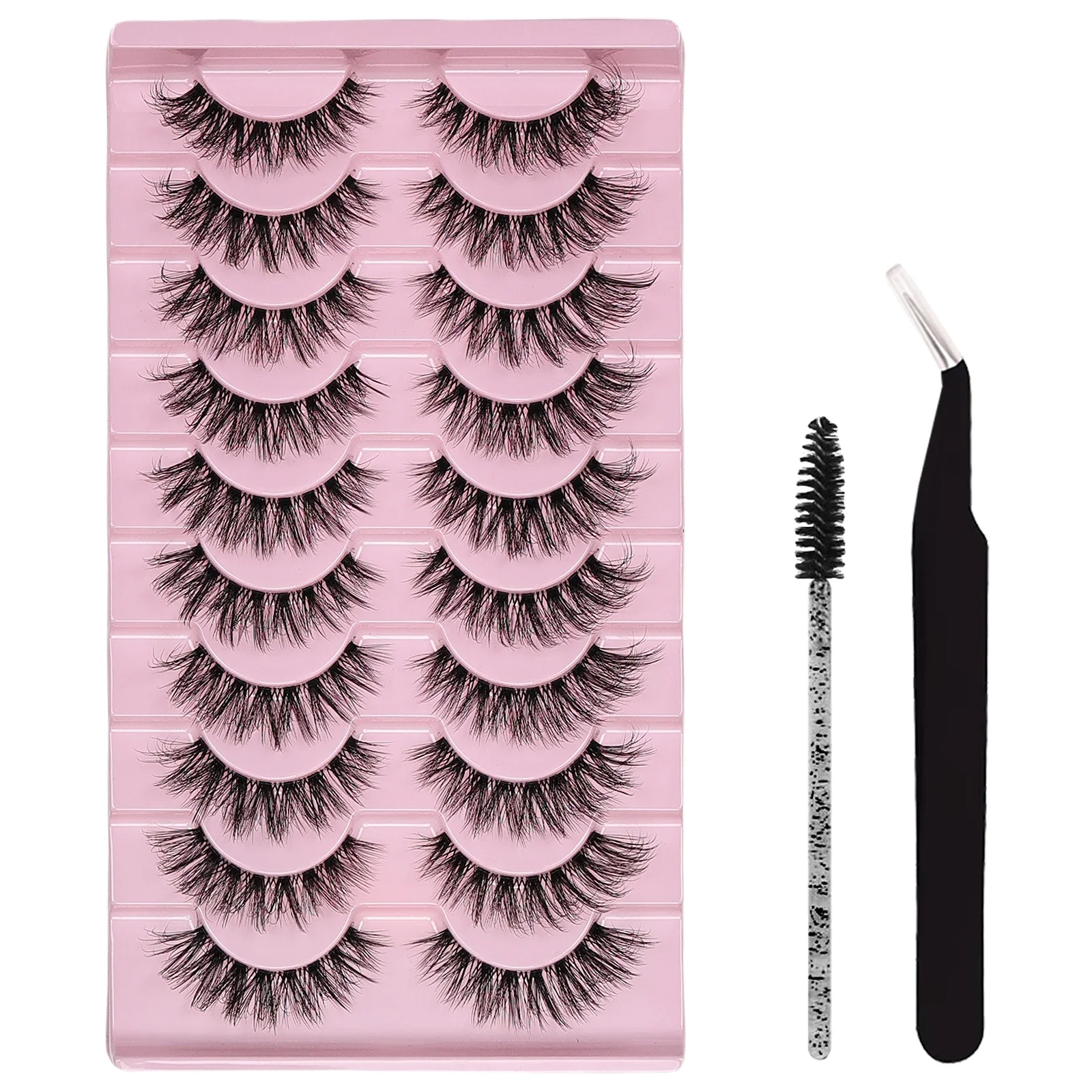 Faux cils pelucheux avec pincettes et brosses, effet 3D naturel, désordonné, 10 paires