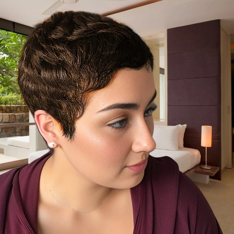 女性用人毛 100% 人毛ショートウィッグ 機械製ウィッグ