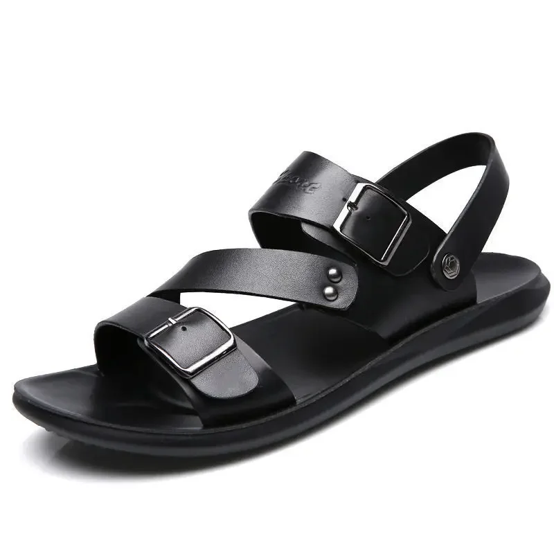 Fashion Men's Sandals Double Buckle Summer Men's Beach Shoes Outdoor Men's Leather Sandals Male Shoes Slippers Large Size 48