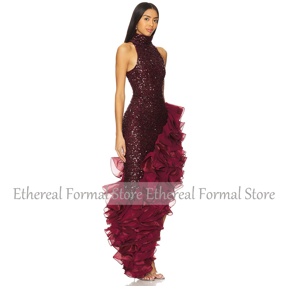 Burgunderrotes glitzerndes Pailletten-Meerjungfrau-Damen-Abendkleid, einschultriges Ballkleid, ärmellos, formelles Partykleid, Rüschen, bodenlang