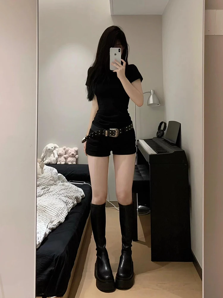 

American Sle Hot Girl с низкой талией Bla Denim orts Женские весенне-летние эластичные супер ор High Street для похудения с широкими штанинами ...