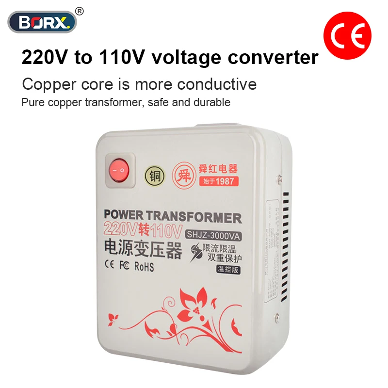 High Power Voltage Transformer 220V to 110V 100V Automatic Power Off Temperature Control Dual Output Plug for Home Appliances