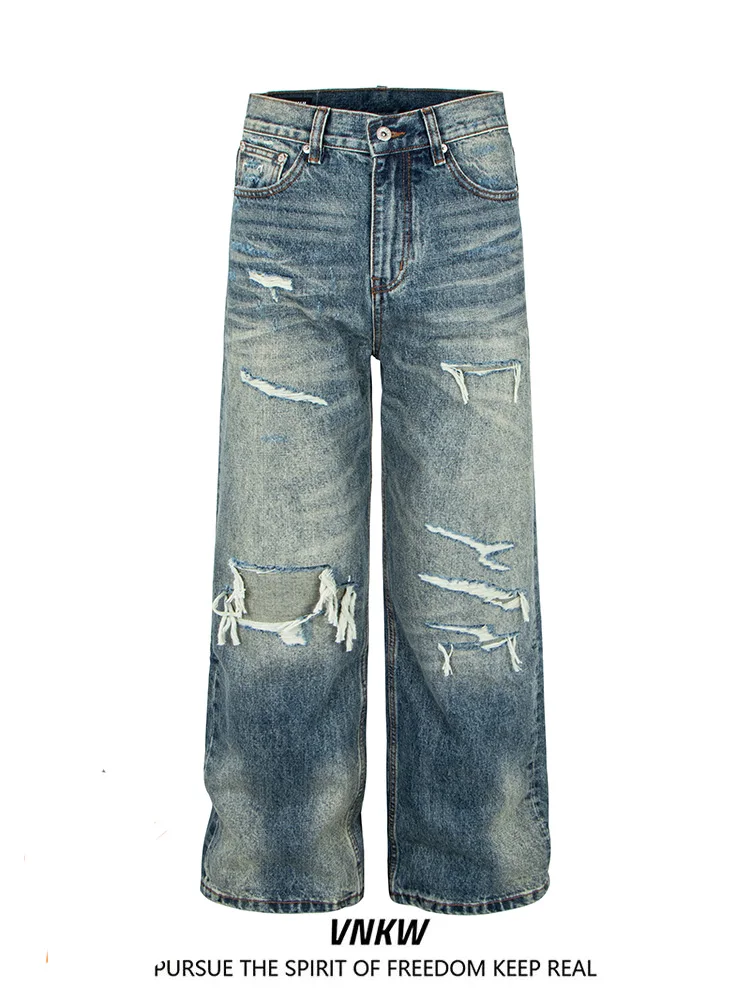 

Waed Vintage Jeans Men's Loose Straight Leg Jeans Destroyed Patchwork American High Street Denim Spring Casual Jeans