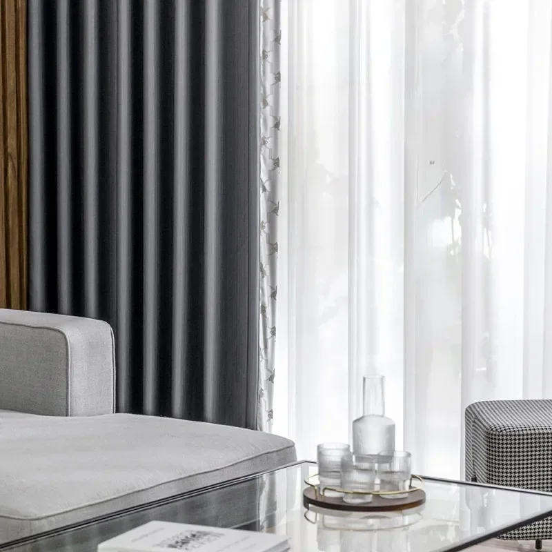 

Curtains For Living Dining Room Bedroom Full Blackout Vertical Grain Bay Window Simple Solid Sunscreen Curtain Customize